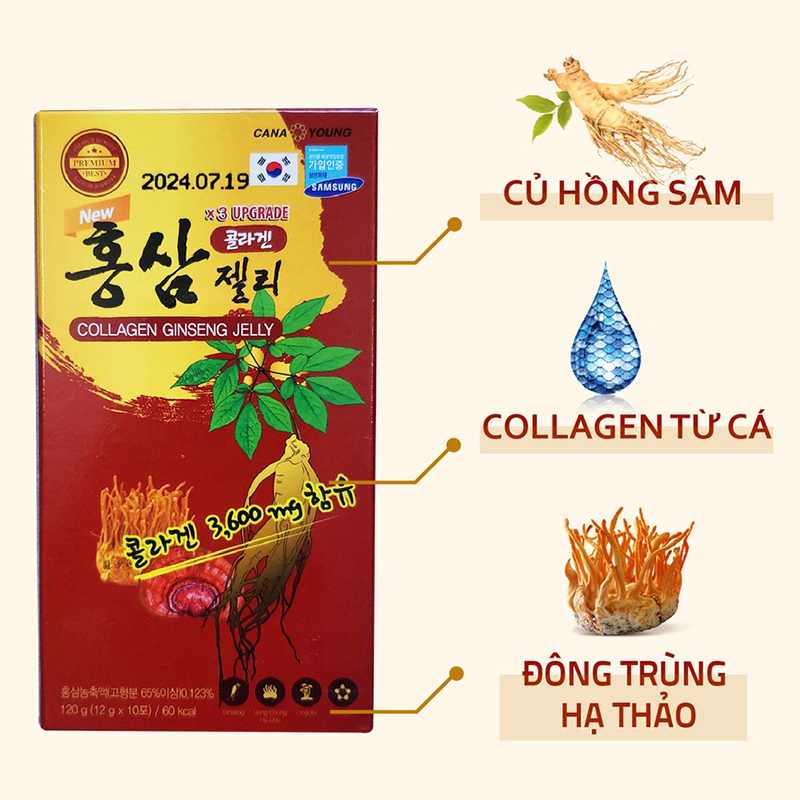 Thạch Collagen Cana Young Chiết Xuất Nhân Sâm Hộp 10 Thanh x 12g